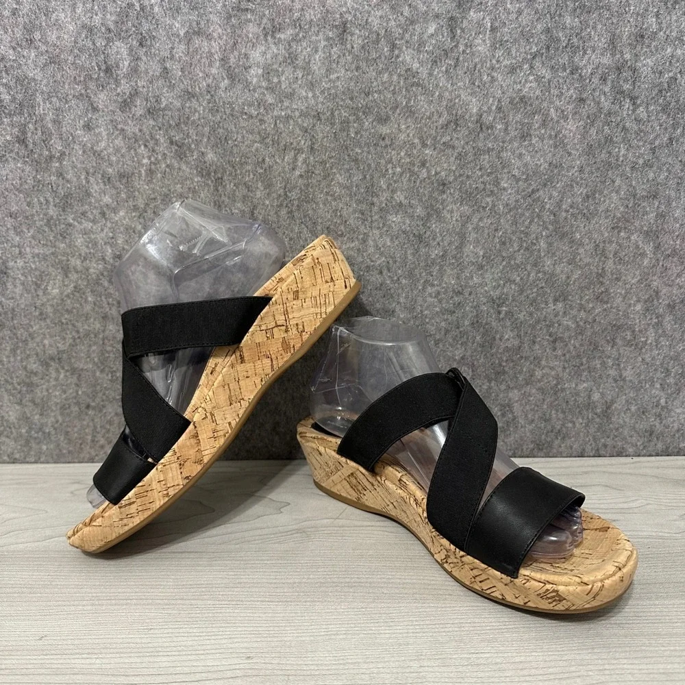 Hush Puppies Coco Wedge Sandals Womens 9.5 Black Leather Cork Platform
